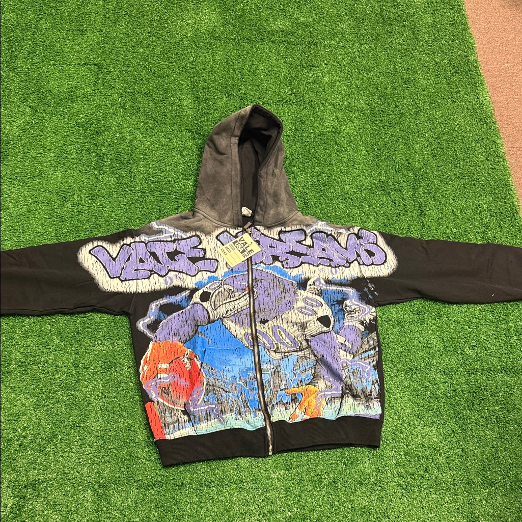 Kids Black Graphic Zip Hoodie With Purple And Blue Artwork